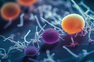 An abstract background with a macro shot of various microbes including virus cells and bacteria. Generative Ai