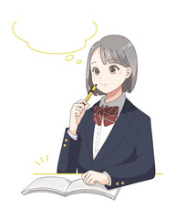 勉強している女子学生のイラスト　吹き出しあり