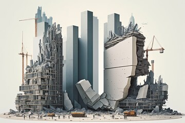 Abstract model of buildings under construction with machines and cranes, construction site, Generative AI