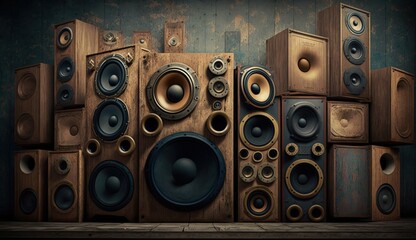 Old speaker wall, stack of vintage and retro style speakers, wooden speakers, Generative AI