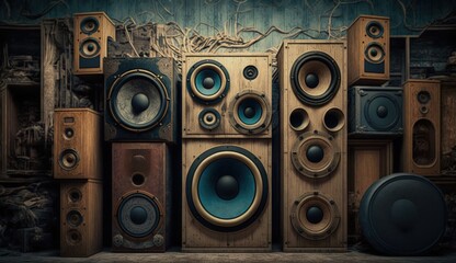 Old speaker wall, stack of vintage and retro style speakers, wooden speakers, Generative AI