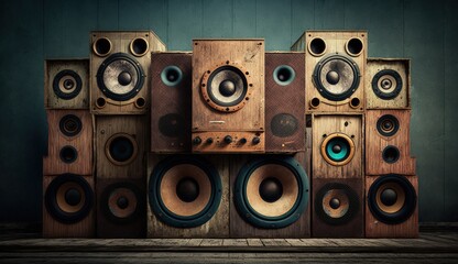 Obraz premium Old speaker wall, stack of vintage and retro style speakers, wooden speakers, Generative AI