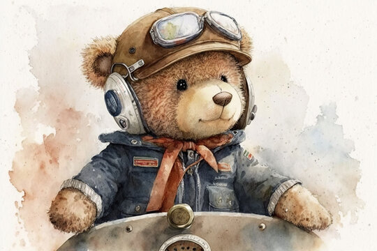 Cute teddy is a pilot watercolour, concept of Teddy Bear and Aviation, created with Generative AI technology