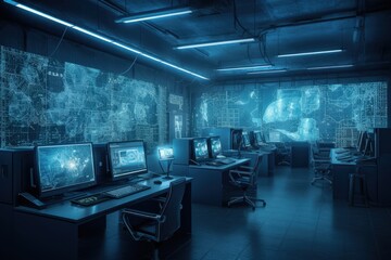 Control room with monitors, computers and desks, Command room, Generative AI