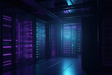 Data storage room with purple and blue lights, data center, server room, Generative AI