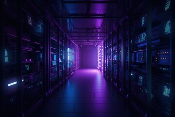 Naklejka premium Data storage room with purple and blue lights, data center, server room, Generative AI