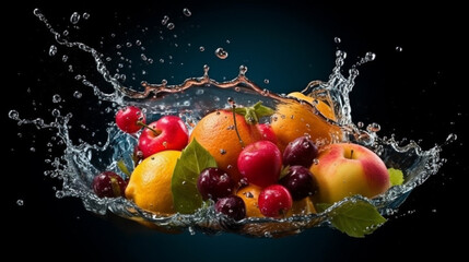 Fototapeta na wymiar Fruit splashing in water on a black background.generative ai