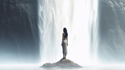 Fototapeta premium Beautiful woman in a long white dress in front of a waterfall.generative ai