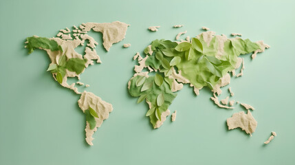 The map of the world made from green leaves and branches on green background, earth day, generative ai