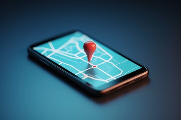 Cell phone with location icon, gps icon on mobile screen, blue background, Generative AI