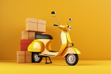 Delivery scooter with packages and cardboard boxes, yellow background, Generative AI