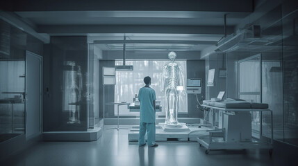 x-ray machine and man in medical room.generative ai