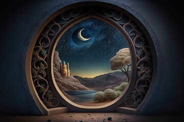 Arabic-style arched window overlooking landscape with temple, Generative AI