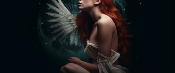 beautiful girl with white angel wings sitting .generative  ai