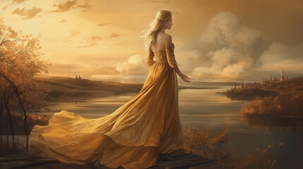 Fototapeta na wymiar Beautiful girl in a long golden dress on the hills at sunset.generative ai