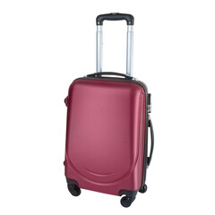 Side view of purple suitcase isolated on transparent background, large polycarbonate baggage case, huge plastic travel bag