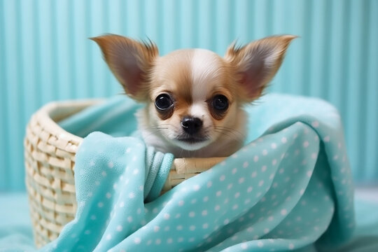 Chihuahua puppy sitting in a basket with blanket, Generative AI, Generative, AI