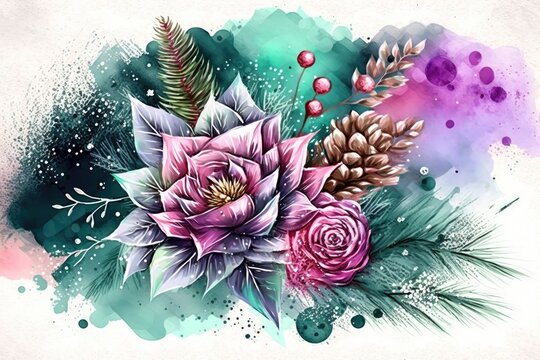 colorful flowers and green leaves painted in watercolor. Generative AI