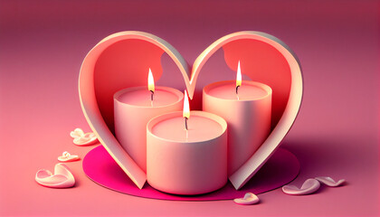 Obraz na płótnie Canvas Romantic Candles in a Heart-Shaped Holder on a Pink background, Generative AI