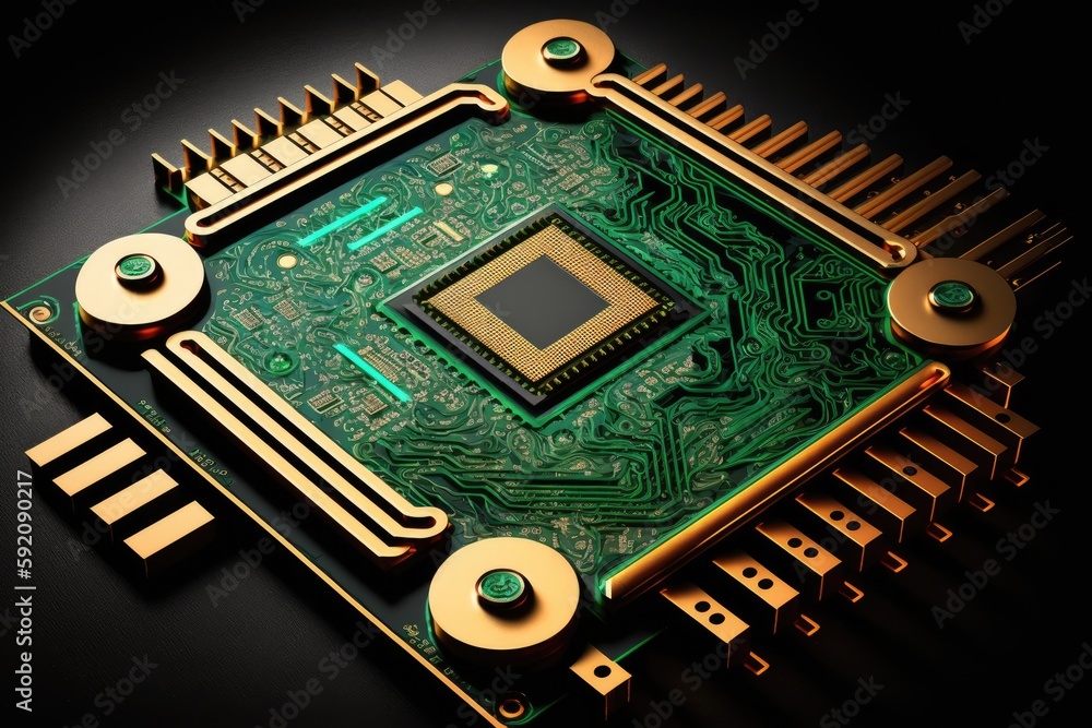 Poster close up of a computer processor chip on a dark background. generative ai