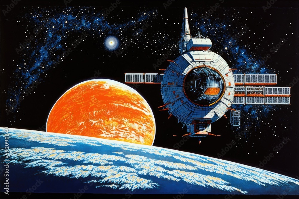 Poster futuristic space station orbiting a colorful planet in the distance. generative ai