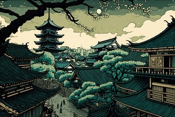 Obraz premium Oriental cityscape at night with a full moon. Generative AI