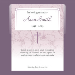 funeral card template with purple wine floral background illustration