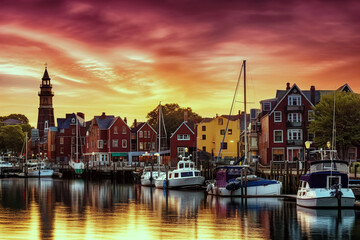 Stunning Evening Photo of Historic Town and Port - generative ai