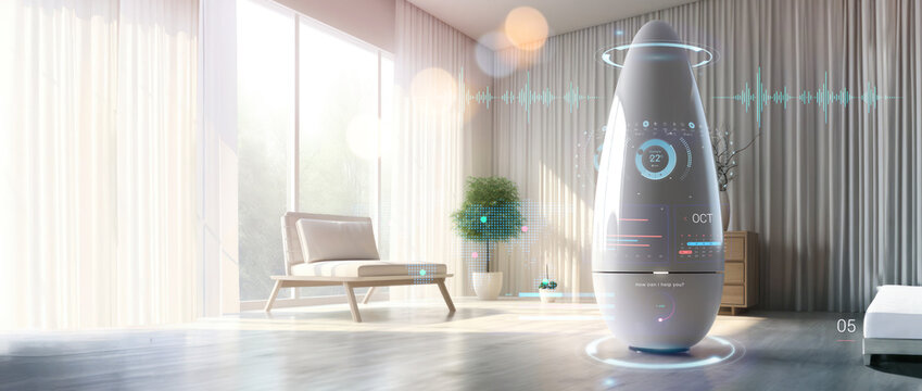 futuristic generic smart home iot assistant device with modern bright room background as wide banner mockup with copyspace area - Generative AI