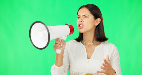 Megaphone, protest and woman green screen for broadcast, justice and strong opinion, voice or announcement. Person, speaker or angry leader in politics, news and call to action with speech in studio