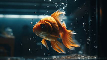 Goldfish swimming in a glass aquarium with water drops on it.generative ai