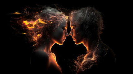 Smoke of two women on a black background.generative ai