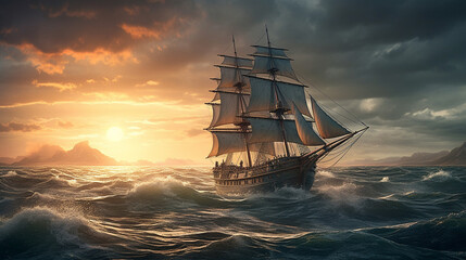 Fototapeta premium Sailing ship in the sea at sunset. 3d render illustration.generative ai