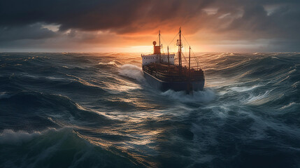 Sailing ship in the sea at sunset. 3d render illustration.generative  ai