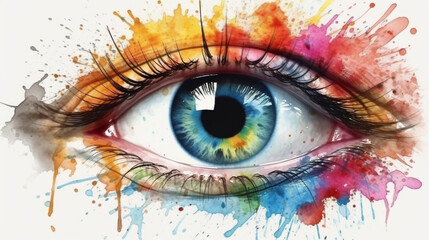Colorful watercolor splashes on female eye. generative ai
