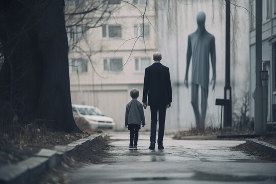 Slender man following child on street back view, created with Generative AI technology