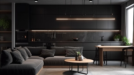 Modern dark kitchen interior with black walls, wooden floor, gray countertops and cupboards.generative ai