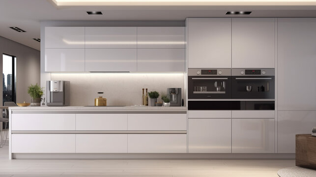 Interior of modern kitchen with beige walls, wooden floor, gray countertops and wooden cupboards.generative ai