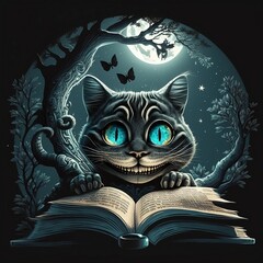The cheshire cat with big eyes and a smile reads a book cartoon drawing. - obrazy, fototapety, plakaty