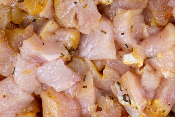Sliced raw chicken fillet with spices
