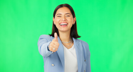 Business woman, hand and thumbs up on green screen for agreement, winning or success against a...