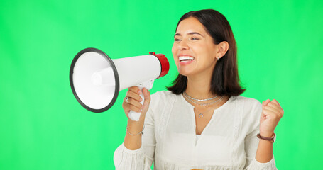 Megaphone, green screen and happy woman isolated on studio background broadcast, sale or announcement. Excited person or speaker speaking, voice or speech for retail or promotion deal in studio