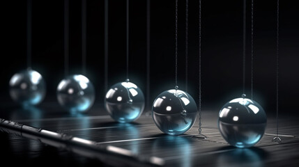 Newton's cradle with blue balls on black background.generative ai