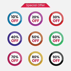 Sale and discount labels 10 to 90 percent off promotion banner