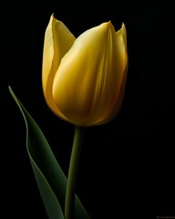 A Single Yellow Tulip Against a Black Background, Generative AI