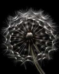 A Dandelion Against a Black Background, Wispy Seeds, Detailed, Generative AI
