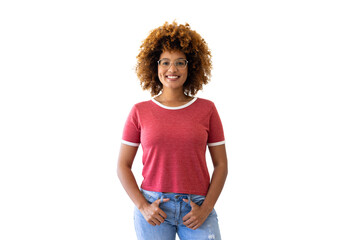 Portrait of biracial woman wearing red t-shirt with copy space on white background - Powered by Adobe
