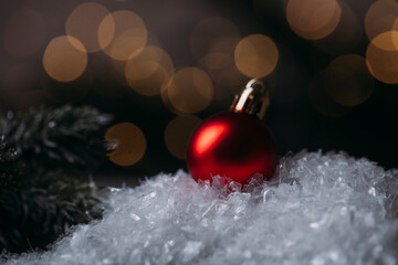 red christmas balls on snow. Red Christmas. Happy day. Celebration. Decoration. Winter