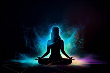 Silhouette Of Girl In Lotus Position On The Abstract Positive Energy Background, Made Using Generative Ai