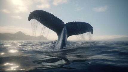 Close-up of a humpback whale tail fluke waving in the air. Generative AI.